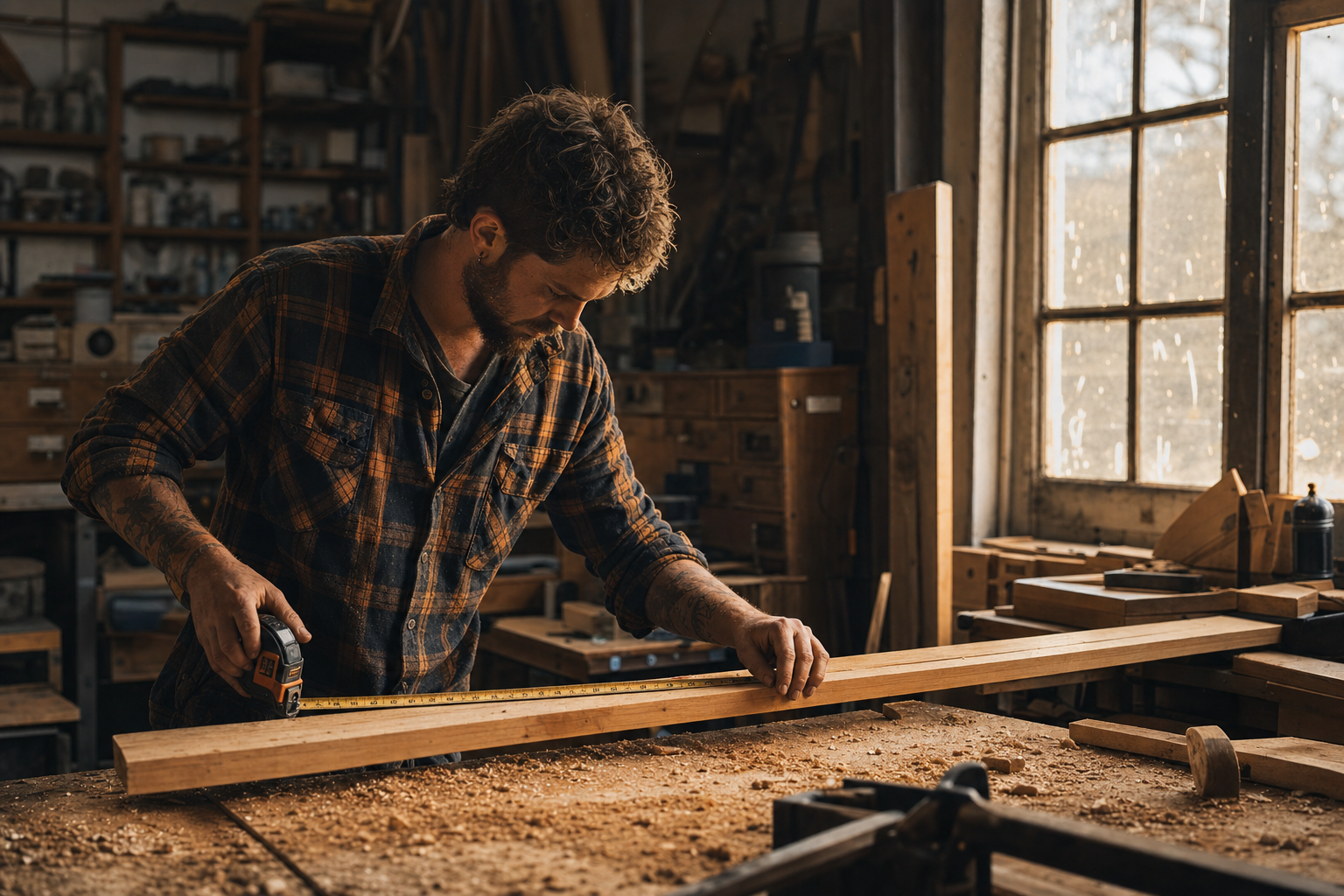 A carpenter measuring wood in a workshop