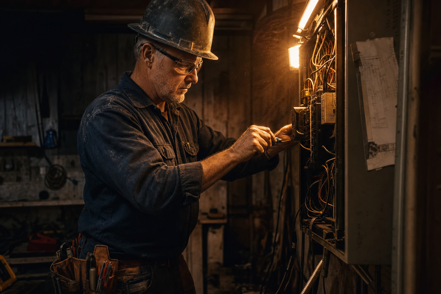 An electrician working on a panel