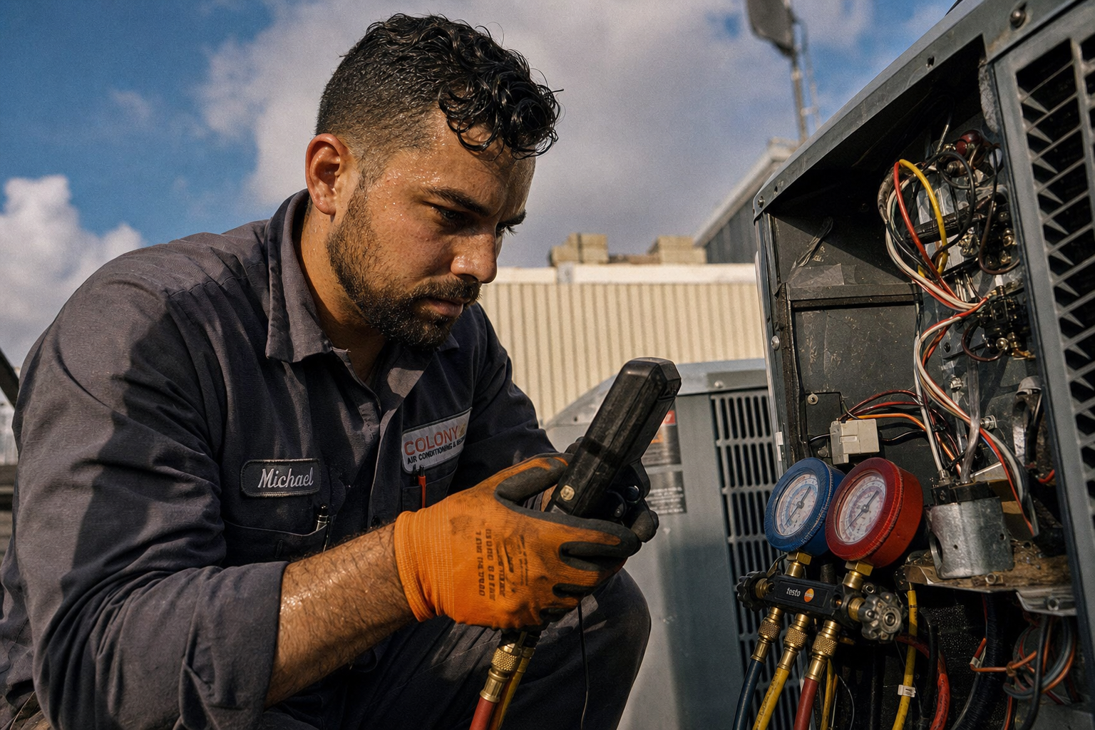An HVAC technician working on a heating unit