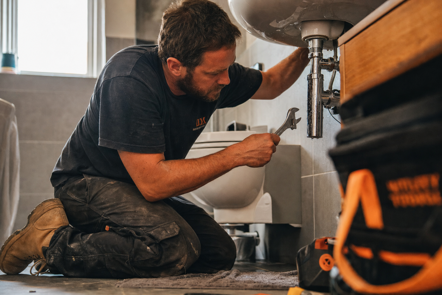 A plumber working under a sink