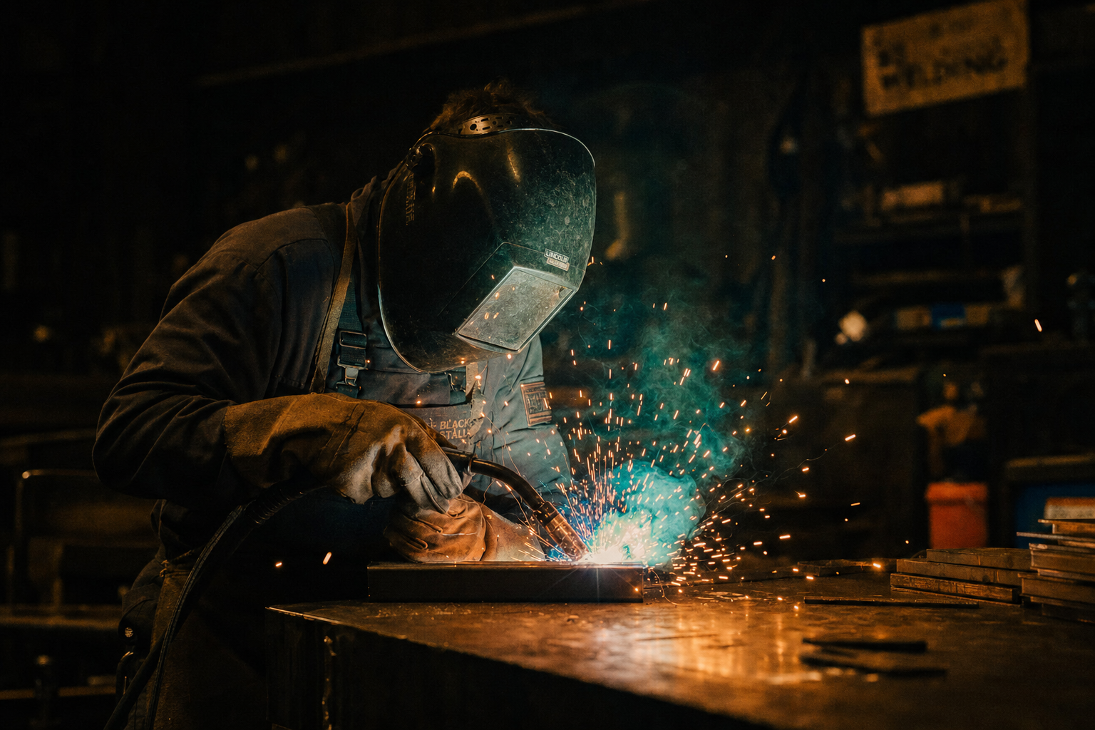 A welder working with sparks in a workshop